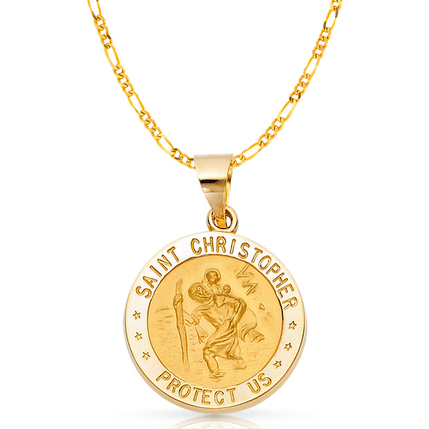 14K Gold St. Christopher Charm Pendant with 3.1mm Figaro 3+1 Chain Necklace