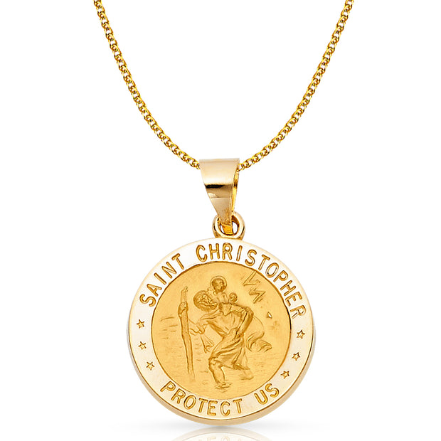 14K Gold St. Christopher Charm Pendant with 1.7mm Flat Open Wheat Chain Necklace