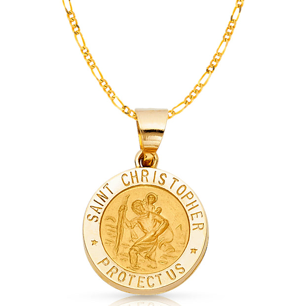 14K Gold St. Christopher Charm Pendant with 2.3mm Figaro 3+1 Chain Necklace