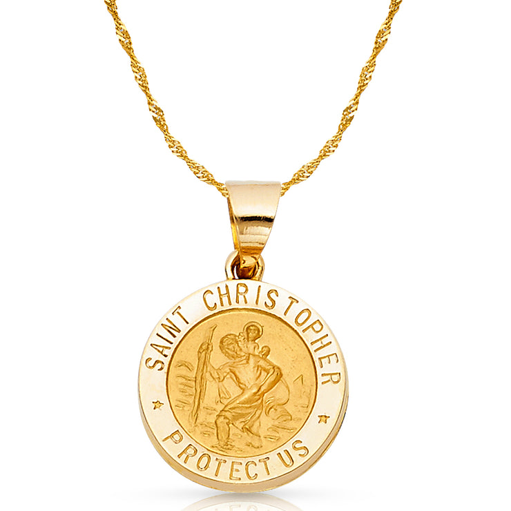 14K Gold St. Christopher Charm Pendant with 1.8mm Singapore Chain Necklace