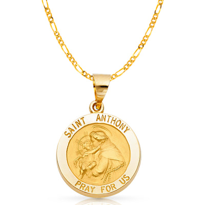 14K Gold St. Anthony Charm Pendant with 3.1mm Figaro 3+1 Chain Necklace