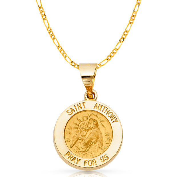 14K Gold St. Anthony Charm Pendant with 2.3mm Figaro 3+1 Chain Necklace