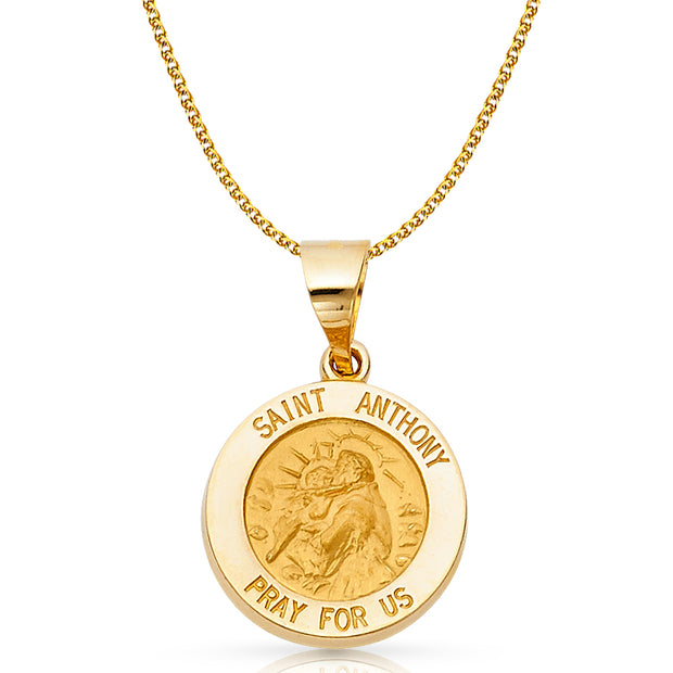 14K Gold St. Anthony Charm Pendant with 1.7mm Flat Open Wheat Chain Necklace