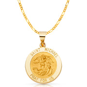 14K Gold St. Michael Charm Pendant with 3.1mm Figaro 3+1 Chain Necklace