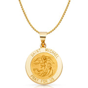 14K Gold St. Michael Charm Pendant with 1.7mm Flat Open Wheat Chain Necklace