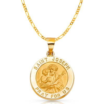 14K Gold St. Joseph Charm Pendant with 3.1mm Figaro 3+1 Chain Necklace