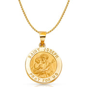 14K Gold St. Joseph Charm Pendant with 1.7mm Flat Open Wheat Chain Necklace