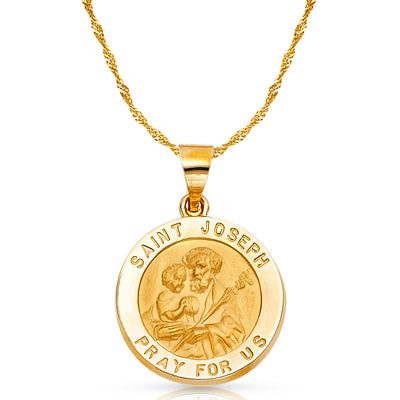 14K Gold St. Joseph Charm Pendant with 1.8mm Singapore Chain Necklace