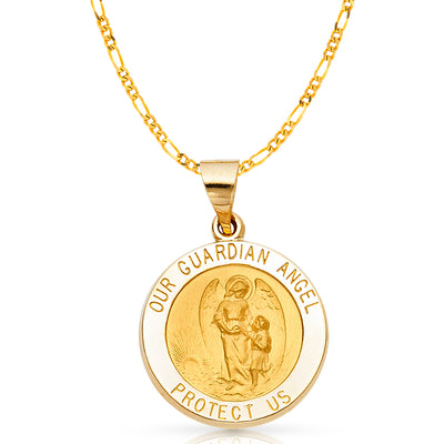 14K Gold Our Guardian Angel Charm Pendant with 3.1mm Figaro 3+1 Chain Necklace
