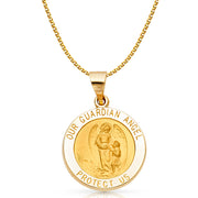 14K Gold Our Guardian Angel Charm Pendant with 1.7mm Flat Open Wheat Chain Necklace