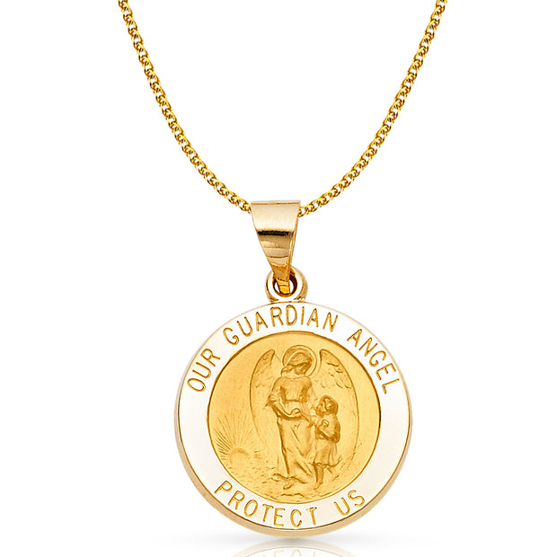 14K Gold Our Guardian Angel Charm Pendant with 1.7mm Flat Open Wheat Chain Necklace