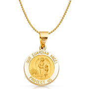 14K Gold Our Guardian Angel Charm Pendant with 1.7mm Flat Open Wheat Chain Necklace