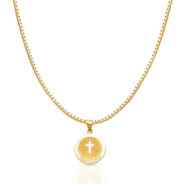 14K Gold Religious Confirmation Charm Pendant with 1.2mm Box Chain Necklace