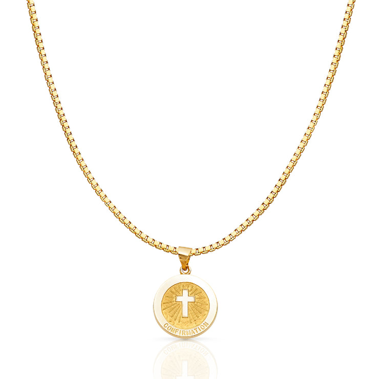 14K Gold Religious Confirmation Charm Pendant with 1.2mm Box Chain Necklace