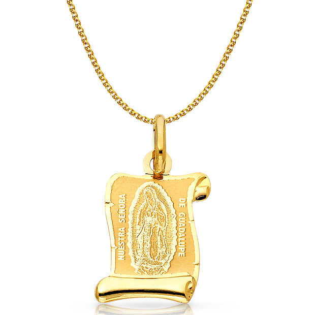 14K Gold Guadalupe Charm Pendant with 1.7mm Flat Open Wheat Chain Necklace