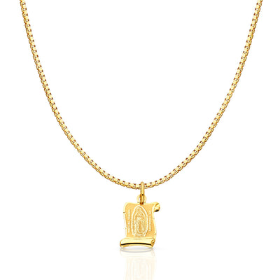 14K Gold Religious Guadalupe Charm Pendant with 1.2mm Box Chain Necklace