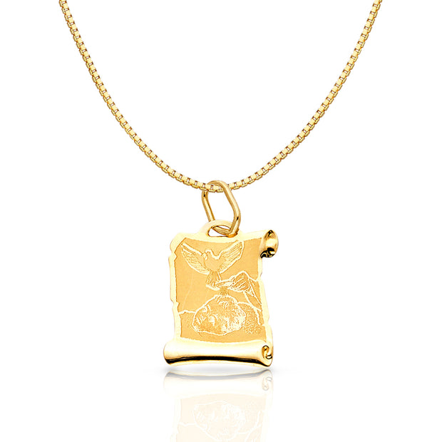 14K Gold Religious Baptism Charm Pendant with 0.8mm Box Chain Necklace
