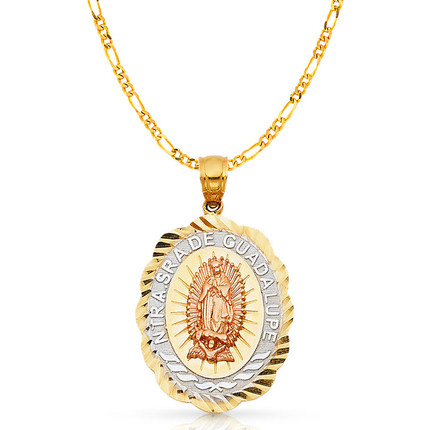 14K Gold Guadalupe Charm Pendant with 3.1mm Figaro 3+1 Chain Necklace