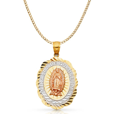 14K Gold Guadalupe Charm Pendant with 4.2mm Hollow Cuban Chain Necklace