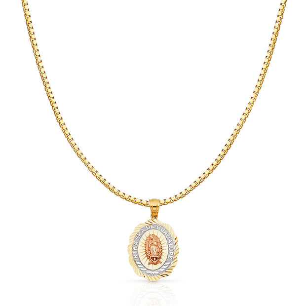 14K Gold Religious Guadalupe Charm Pendant with 1.2mm Box Chain Necklace