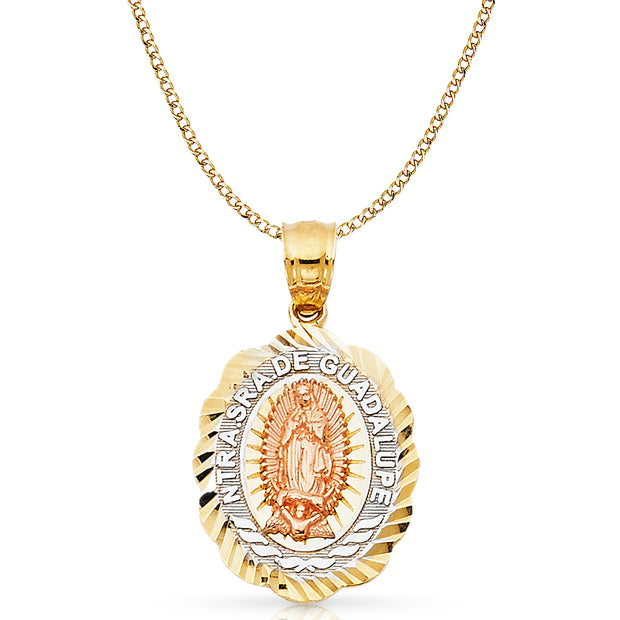 14K Gold Guadalupe Charm Pendant with 4.2mm Hollow Cuban Chain Necklace