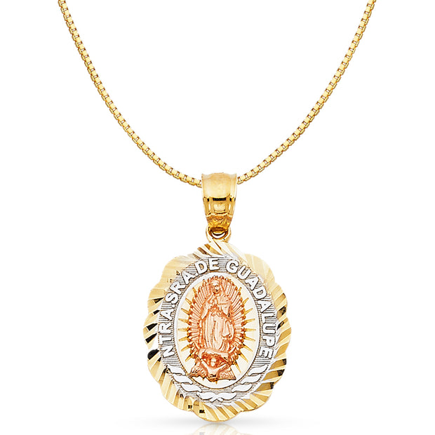 14K Gold Religious Guadalupe Charm Pendant with 0.8mm Box Chain Necklace