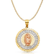 14K Gold Guadalupe Charm Pendant with 4.2mm Hollow Cuban Chain Necklace