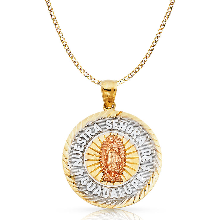 14K Gold Guadalupe Charm Pendant with 3.4mm Hollow Cuban Chain Necklace