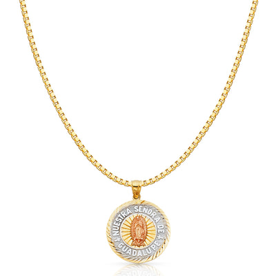 14K Gold Religious Guadalupe Charm Pendant with 1.2mm Box Chain Necklace