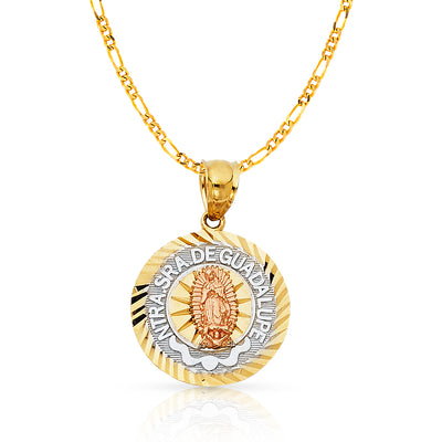 14K Gold Guadalupe Charm Pendant with 2.3mm Figaro 3+1 Chain Necklace