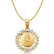 14K Gold CZ Guadalupe Charm Pendant with 1.7mm Flat Open Wheat Chain Necklace