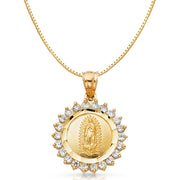 14K Gold CZ Religious Guadalupe Charm Pendant with 0.8mm Box Chain Necklace