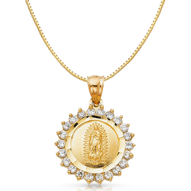 14K Gold CZ Religious Guadalupe Charm Pendant with 0.8mm Box Chain Necklace