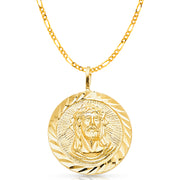 14K Gold Jesus Christ Stamp Charm Pendant with 3.1mm Figaro 3+1 Chain Necklace