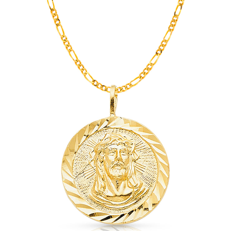 14K Gold Jesus Christ Stamp Charm Pendant with 3.1mm Figaro 3+1 Chain Necklace