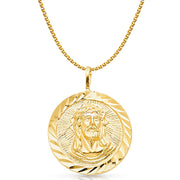 14K Gold Jesus Christ Stamp Charm Pendant with 1.7mm Flat Open Wheat Chain Necklace