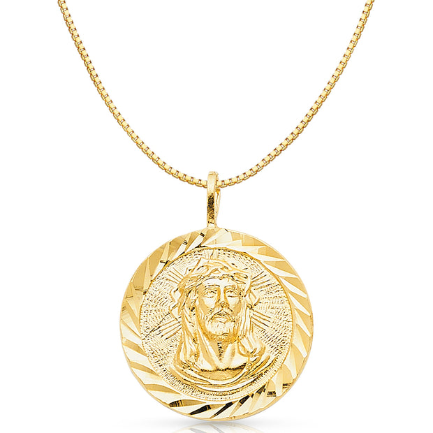 14K Gold Religious Jesus Christ Stamp Charm Pendant with 0.8mm Box Chain Necklace