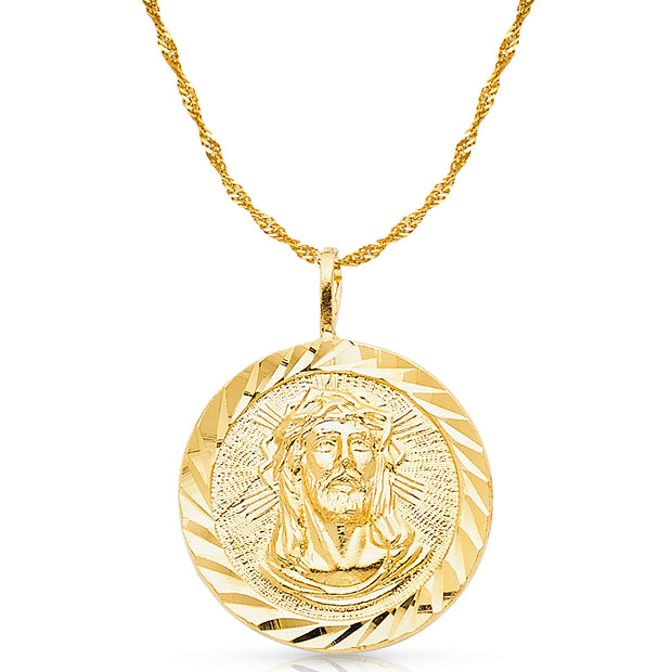 14K Gold Jesus Christ Stamp Charm Pendant with 1.8mm Singapore Chain Necklace