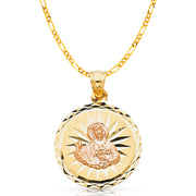 14K Gold Jesus Christ Stamp Charm Pendant with 3.1mm Figaro 3+1 Chain Necklace