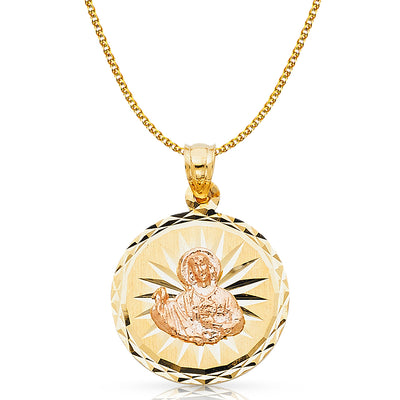 14K Gold Jesus Christ Stamp Charm Pendant with 1.7mm Flat Open Wheat Chain Necklace