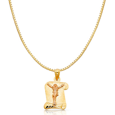 14K Gold Religious Crucifix Stamp Charm Pendant with 1.2mm Box Chain Necklace