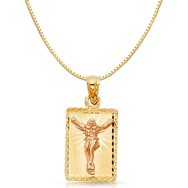 14K Gold Religious Crucifix Stamp Charm Pendant with 0.8mm Box Chain Necklace