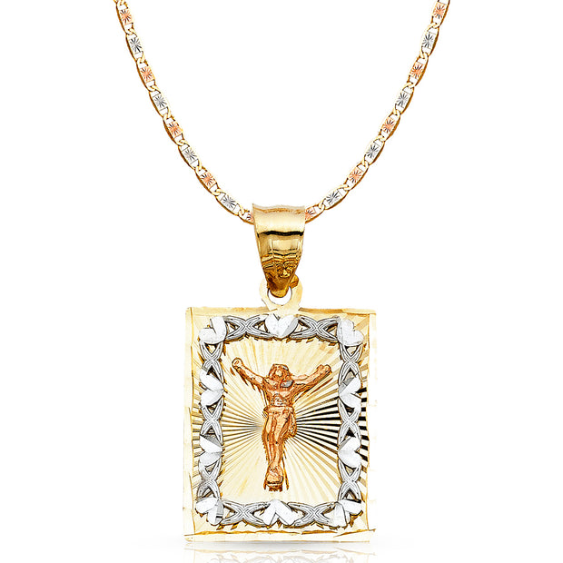14K Gold Crucifix Stamp Charm Pendant with 4.2mm Valentino Star Diamond Cut Chain Necklace