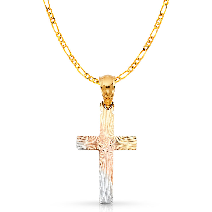 14K Gold Cross Stamp Charm Pendant with 2.3mm Figaro 3+1 Chain Necklace