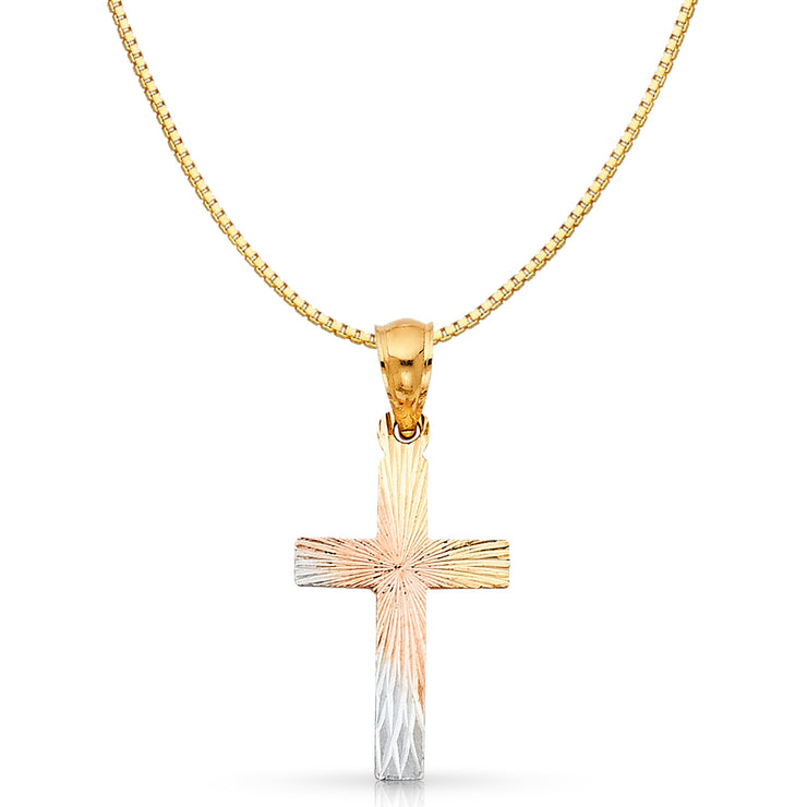 14K Gold Religious Cross Stamp Charm Pendant with 0.8mm Box Chain Necklace