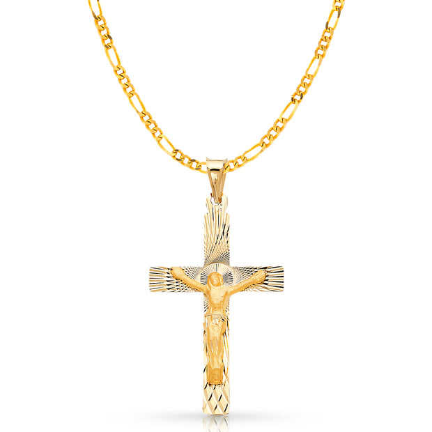 14K Gold Crucifix Stamp Charm Pendant with 3.1mm Figaro 3+1 Chain Necklace