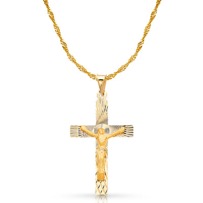 14K Gold Crucifix Stamp Charm Pendant with 1.8mm Singapore Chain Necklace