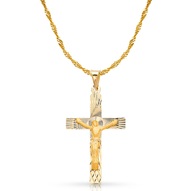 14K Gold Crucifix Stamp Charm Pendant with 1.8mm Singapore Chain Necklace