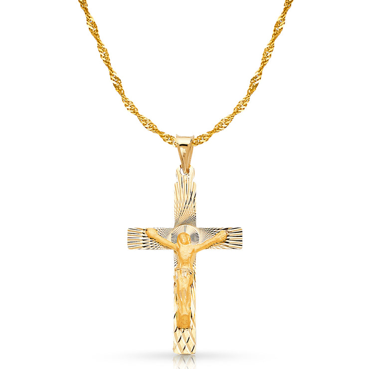 14K Gold Crucifix Stamp Charm Pendant with 1.8mm Singapore Chain Necklace