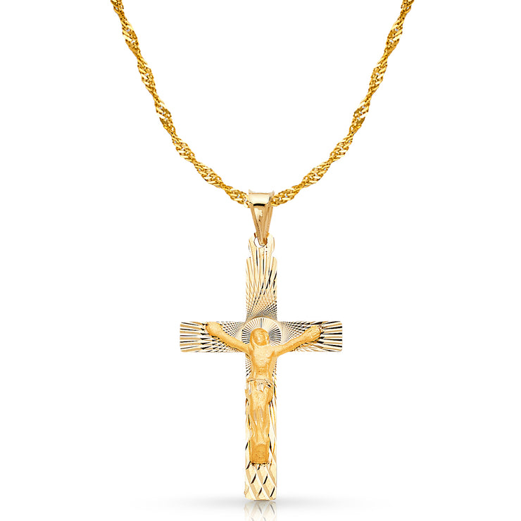 14K Gold Crucifix Stamp Charm Pendant with 1.8mm Singapore Chain Necklace